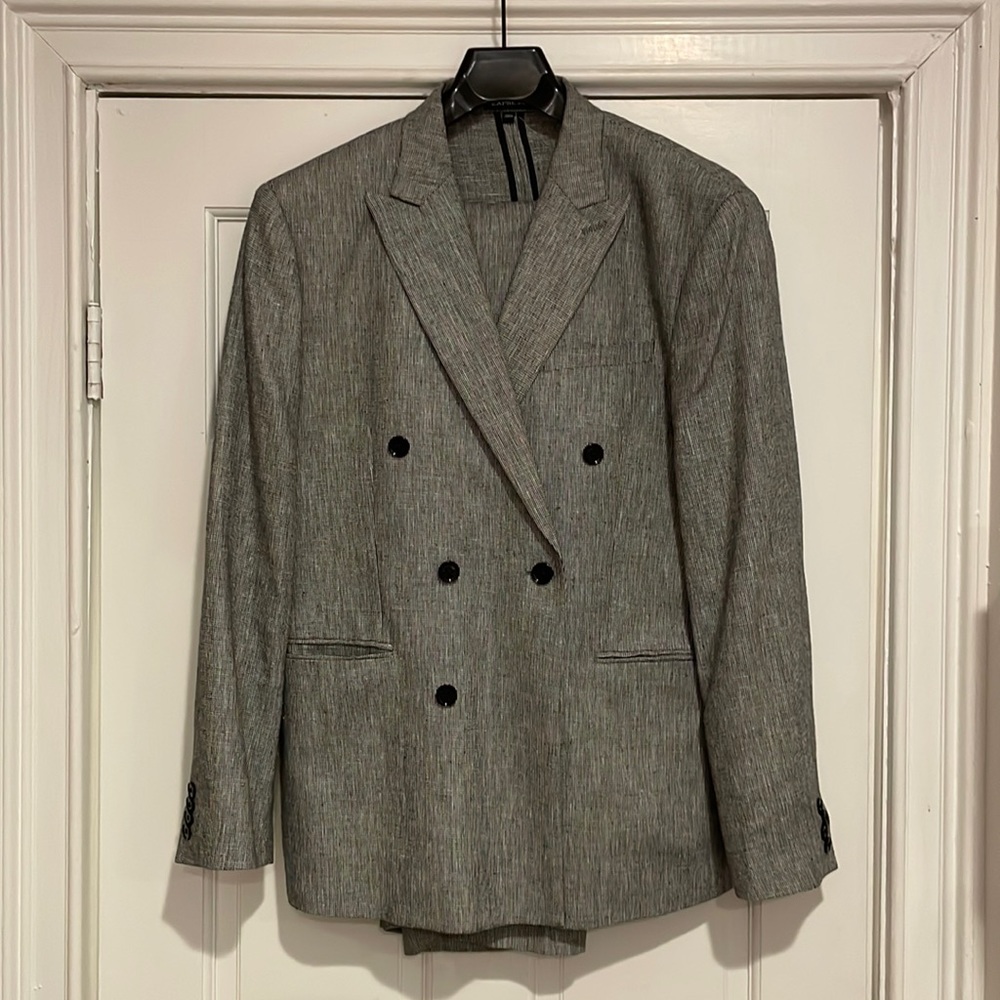 Express Grey Linen Blend Double Breasted Slim Suit - 40R Jacket, 32x30 Pants